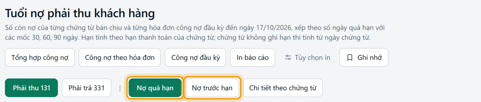 Hai nút Nợ quá hạn và Nợ trước hạn: quá hạn để đòi nợ, trước hạn để nhắc trước