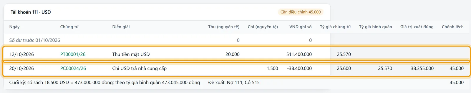 Hai chứng từ thu, chi ngoại tệ đã ghi sổ PT00001/26 và PC00024/26 trong bảng của tài khoản 111 USD