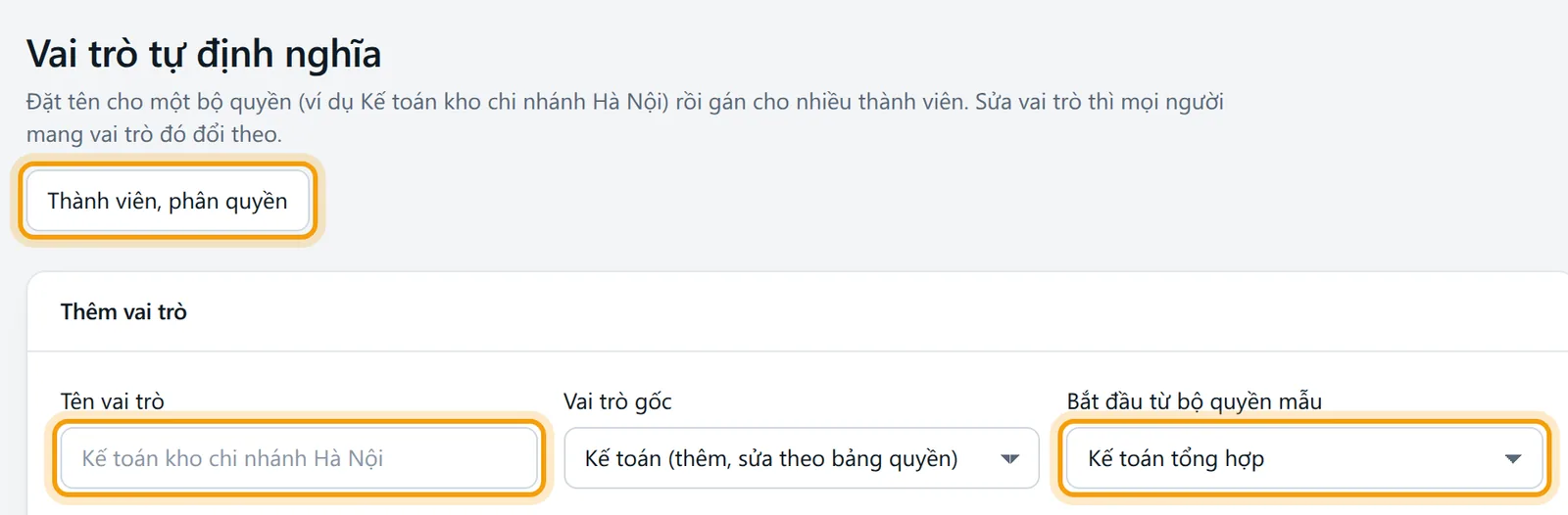 Màn Vai trò tự định nghĩa: nút quay lại Thành viên, phân quyền, khung Thêm vai trò và khung Vai trò của công ty