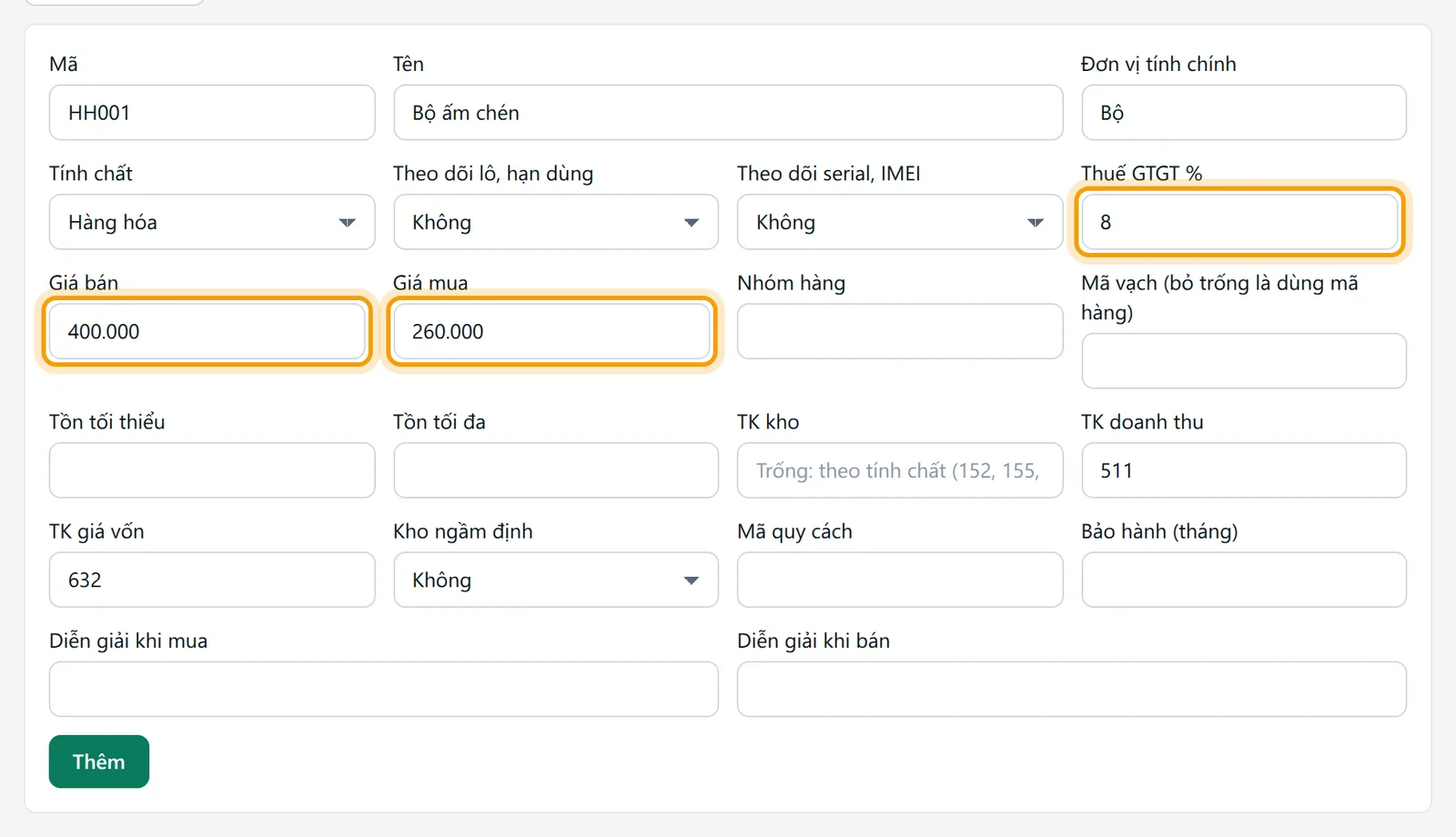 Form thêm mặt hàng với ô Thuế GTGT 8, Giá bán 400.000, Giá mua 260.000 được viền vàng
