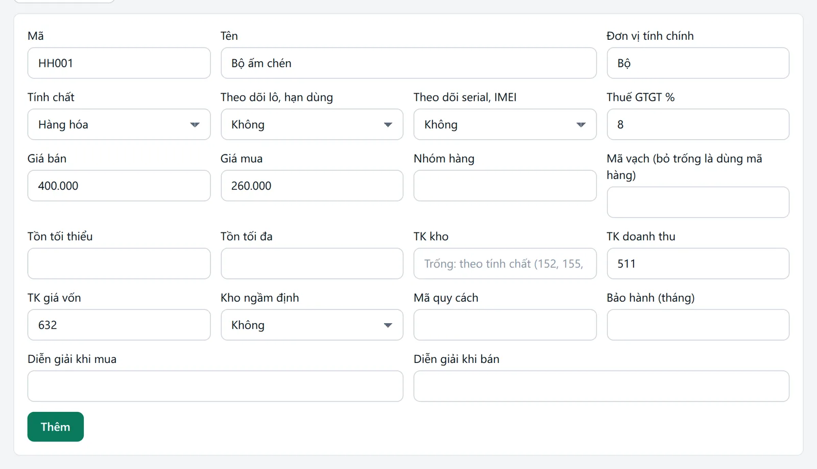 Form thêm mặt hàng đã nhập mã HH001, tên Bộ ấm chén, đơn vị Bộ, thuế 8, giá bán 400.000, giá mua 260.000