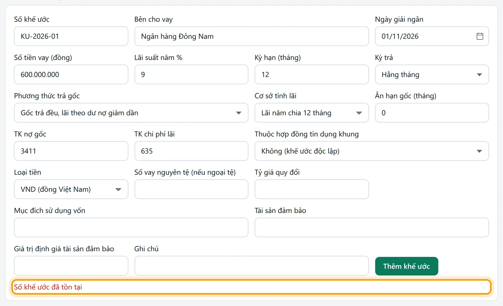 Khai khế ước trùng số KU-2026-01 thì máy báo Số khế ước đã tồn tại