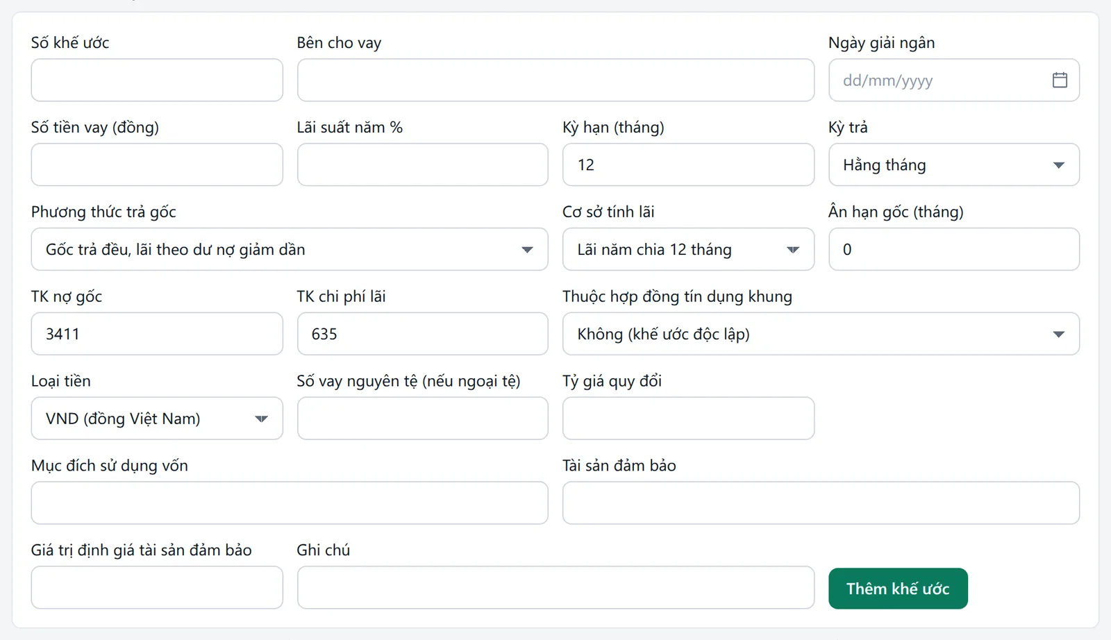 Biểu mẫu Thêm khế ước vay với số khế ước, bên cho vay, ngày giải ngân, số tiền, lãi suất, kỳ hạn, kỳ trả và phương thức trả gốc