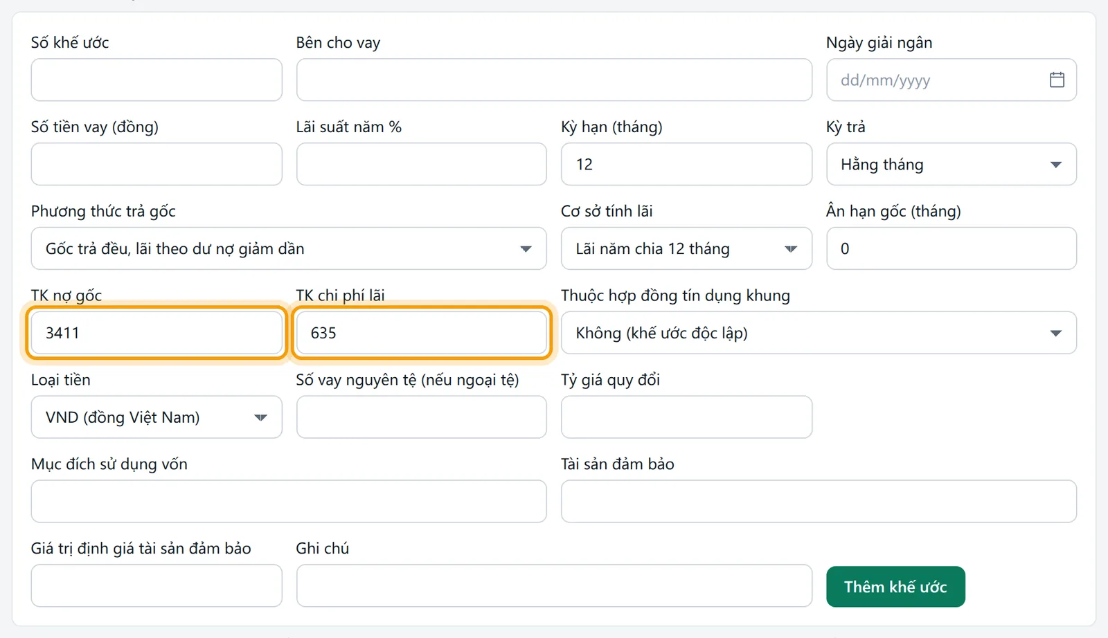 Hai ô TK nợ gốc 3411 và TK chi phí lãi 635 của biểu mẫu Thêm khế ước vay