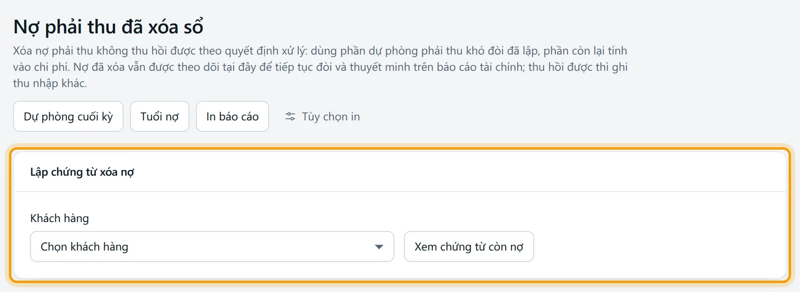 Màn Nợ phải thu đã xóa sổ với khung Lập chứng từ xóa nợ được viền vàng