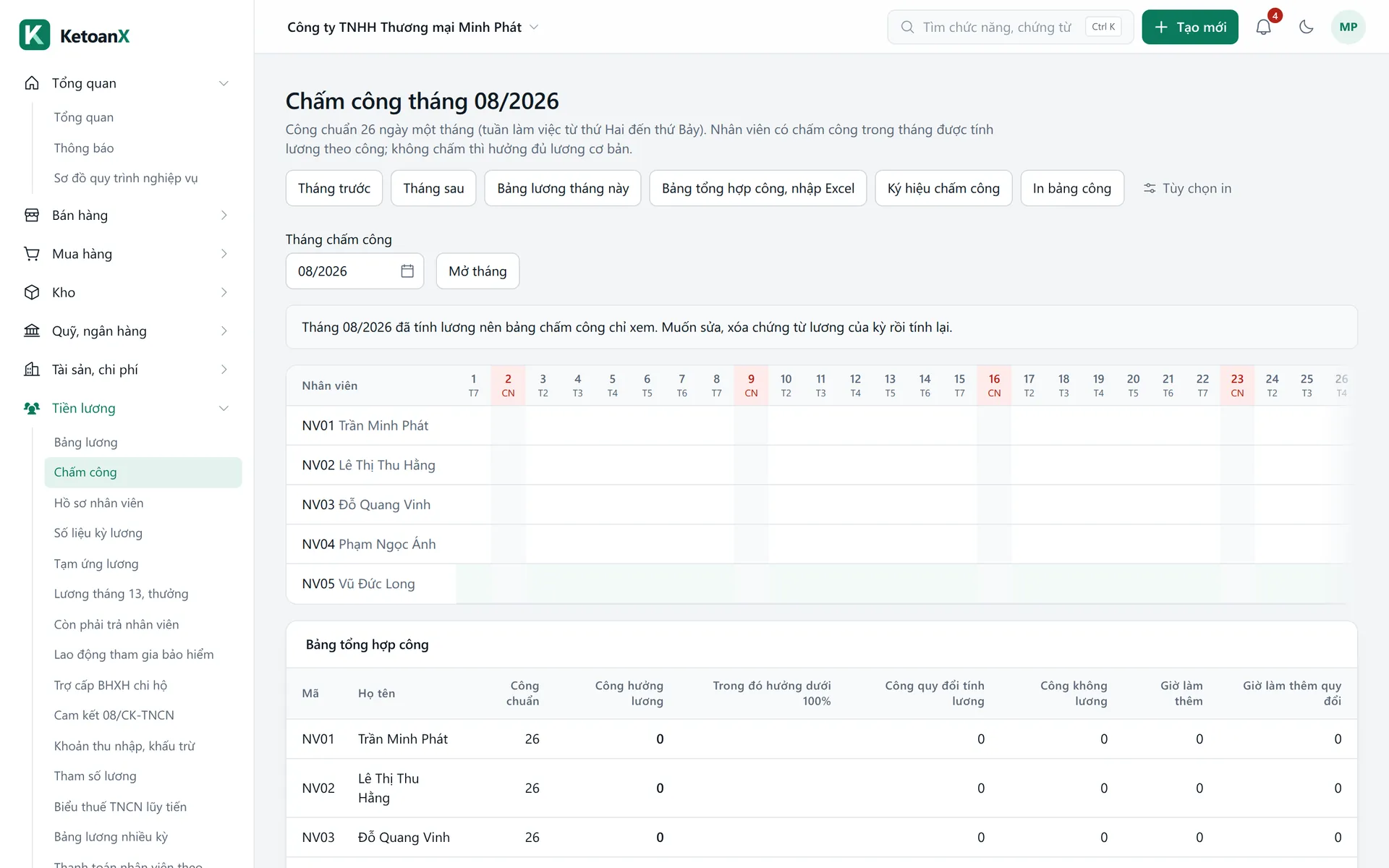 Màn hình Chấm công tháng 08/2026 trong KetoanX, công ty mẫu