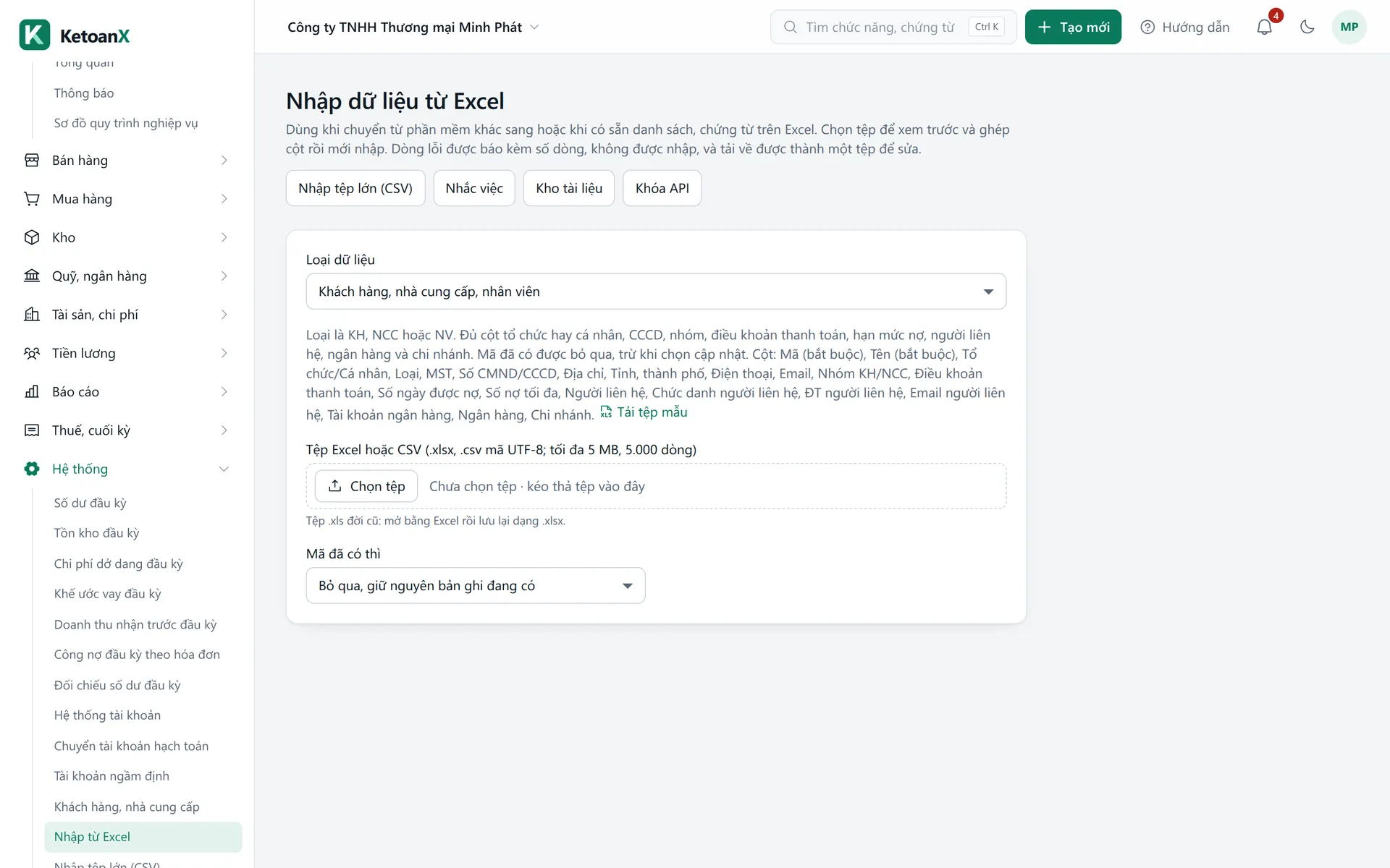 Màn hình Nhập dữ liệu từ Excel trong KetoanX, công ty mẫu