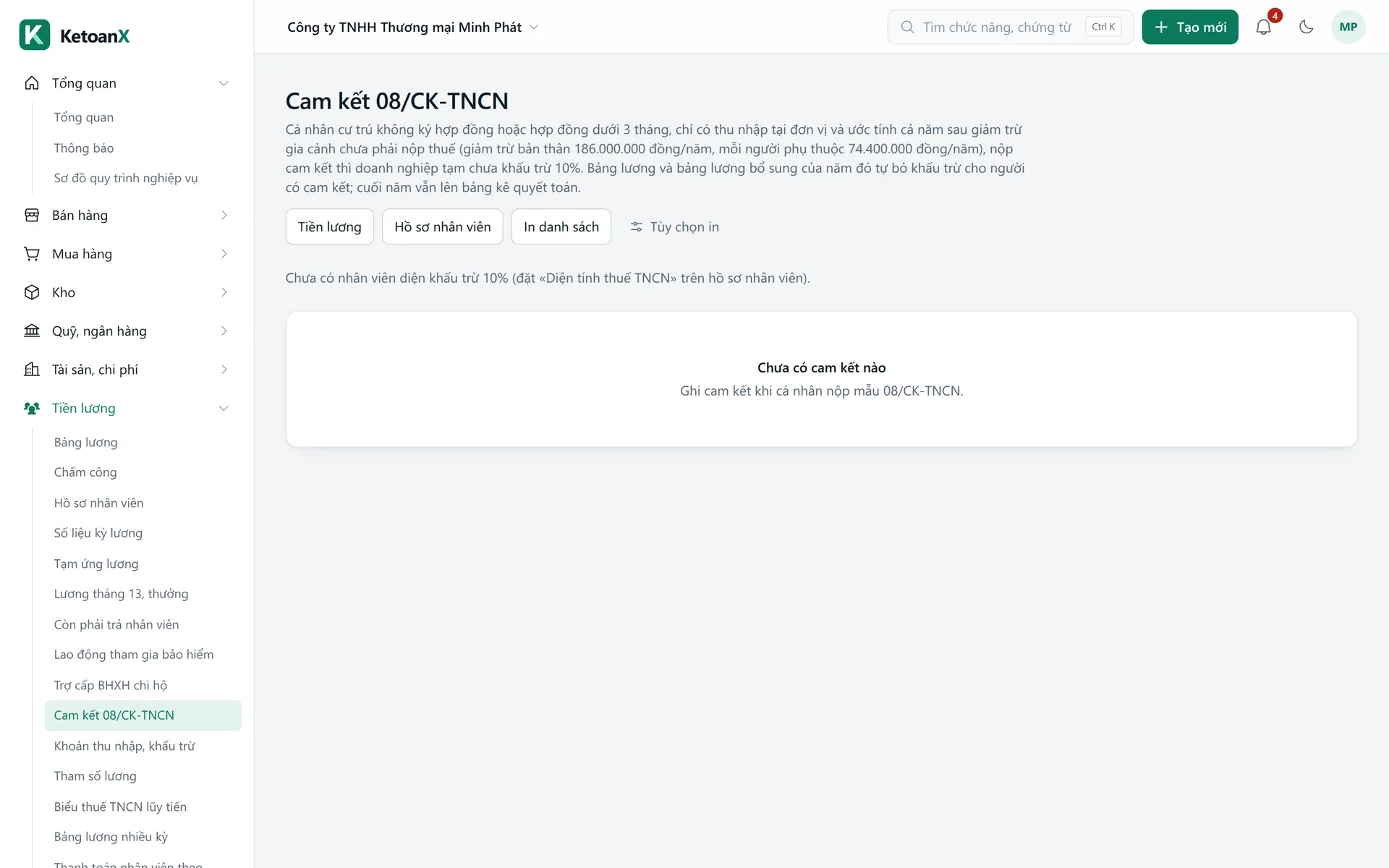 Màn hình Cam kết 08/CK-TNCN trong KetoanX, công ty mẫu