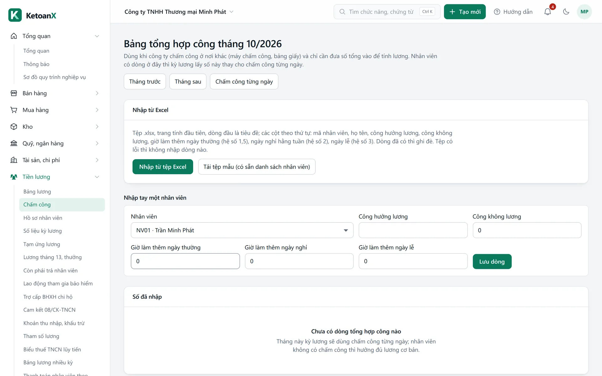 Màn hình Bảng tổng hợp công tháng 10/2026 trong KetoanX, công ty mẫu