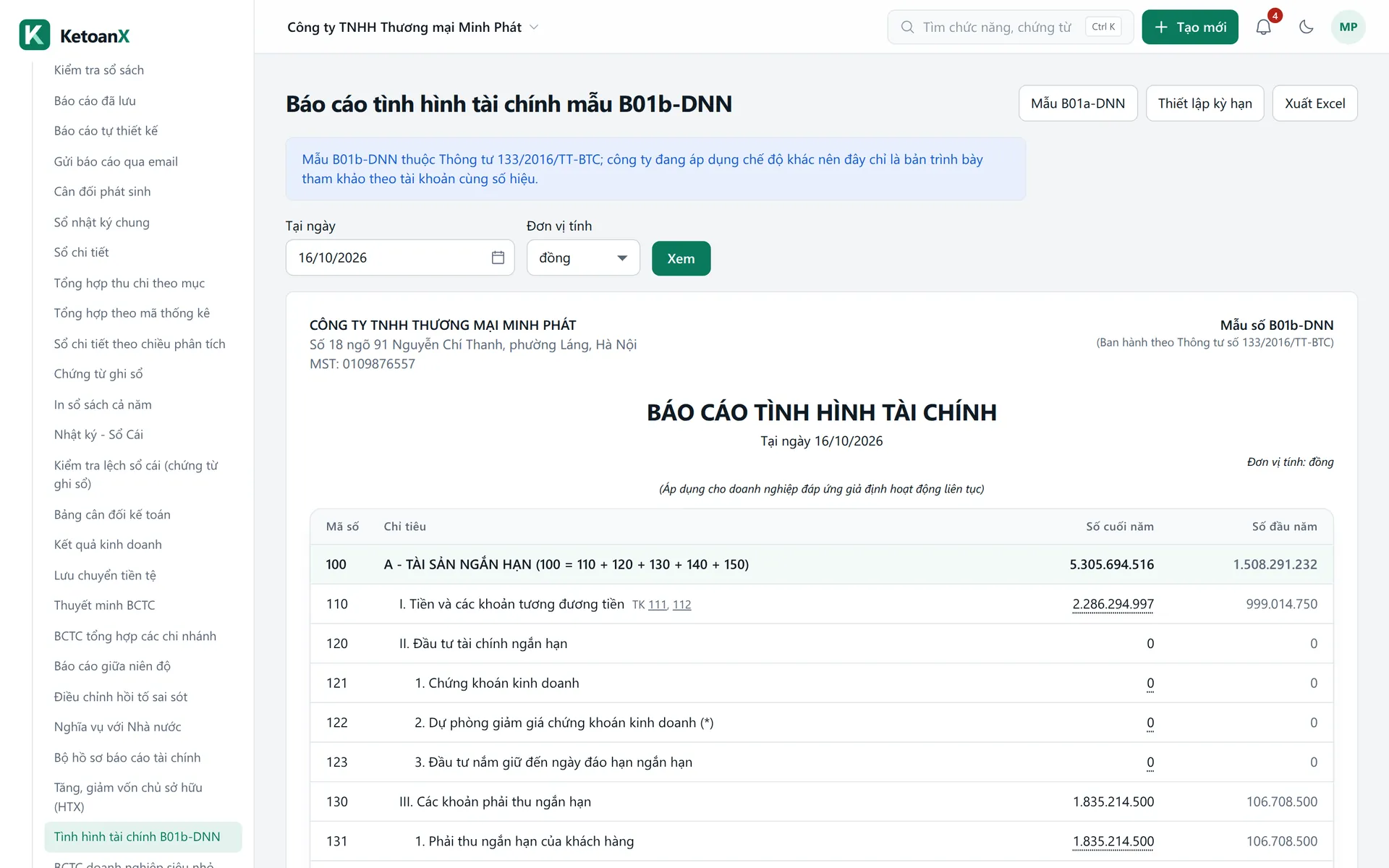 Màn hình Báo cáo tình hình tài chính mẫu B01b-DNN trong KetoanX, công ty mẫu