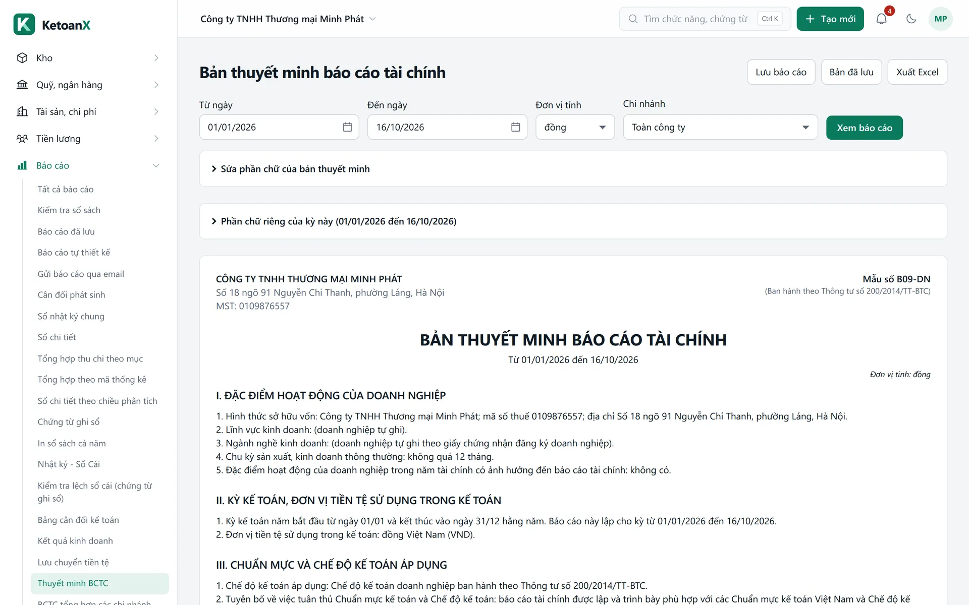 Màn hình Bản thuyết minh báo cáo tài chính trong KetoanX, công ty mẫu