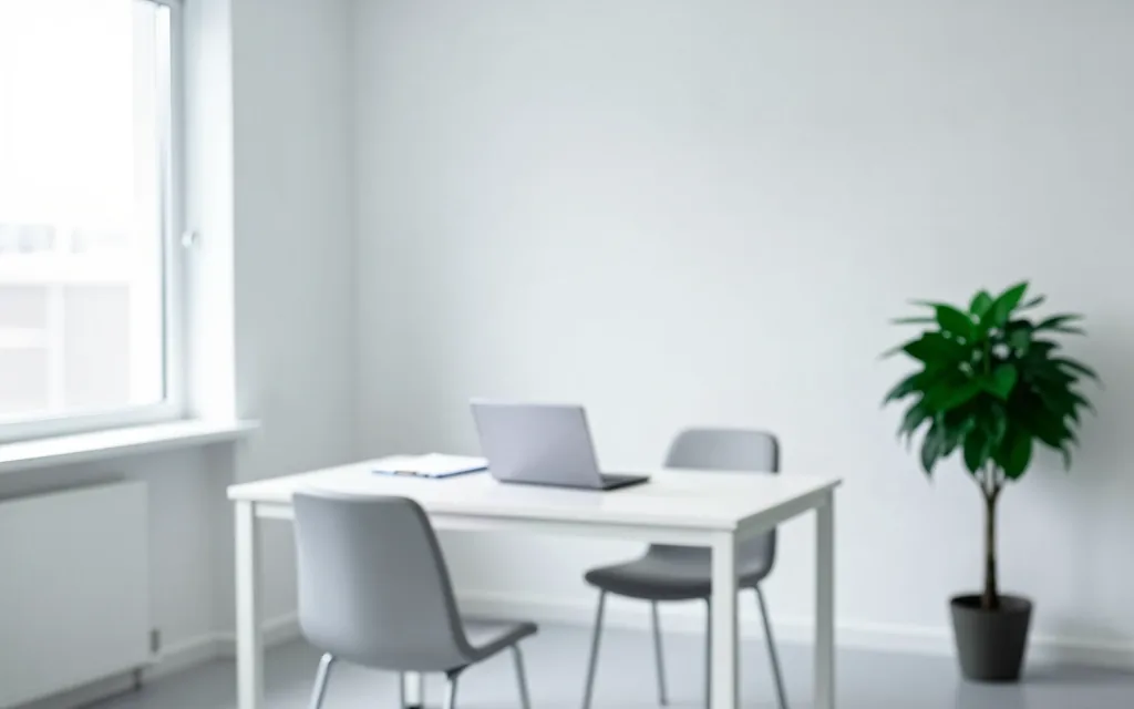 Góc phòng làm việc sáng với bàn, máy tính và chậu cây